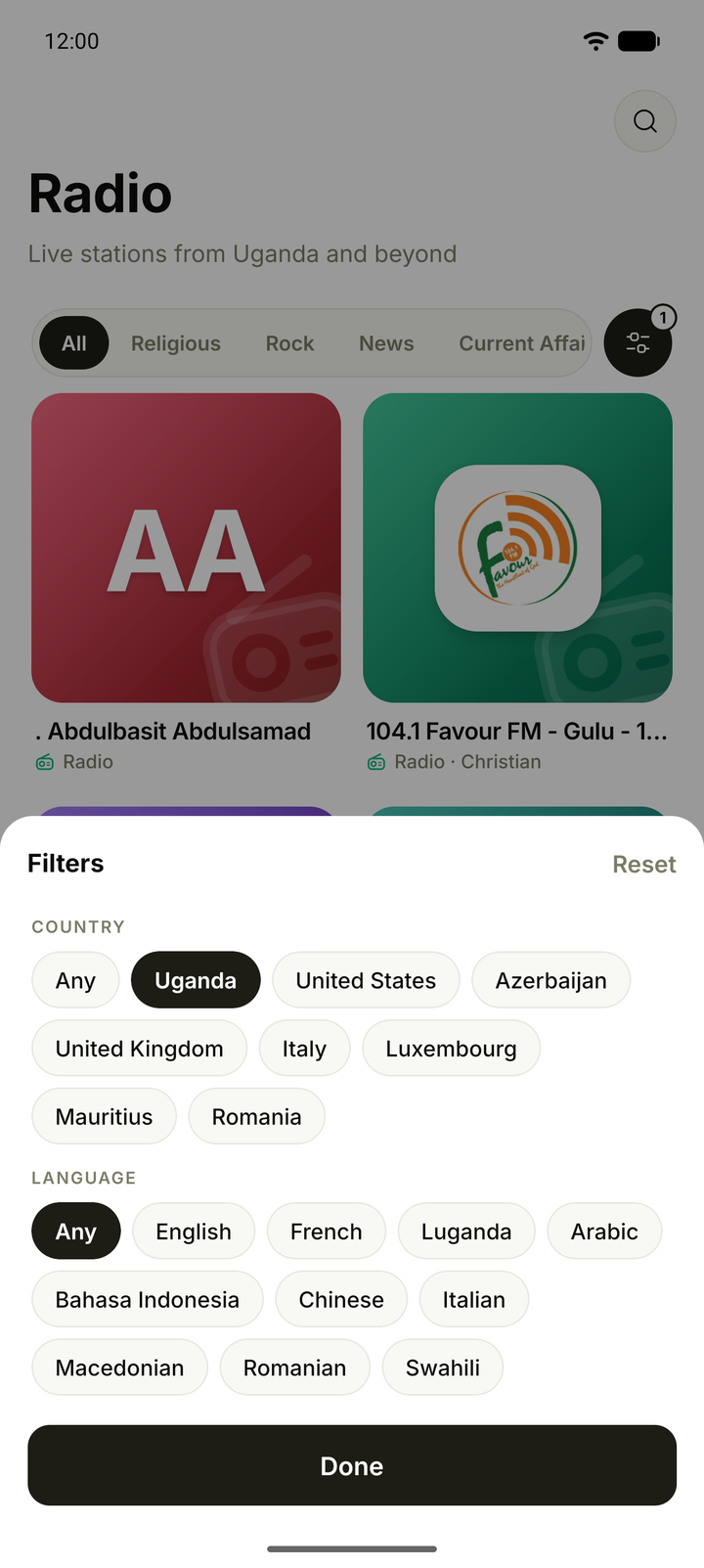 Country and language filters in Laba