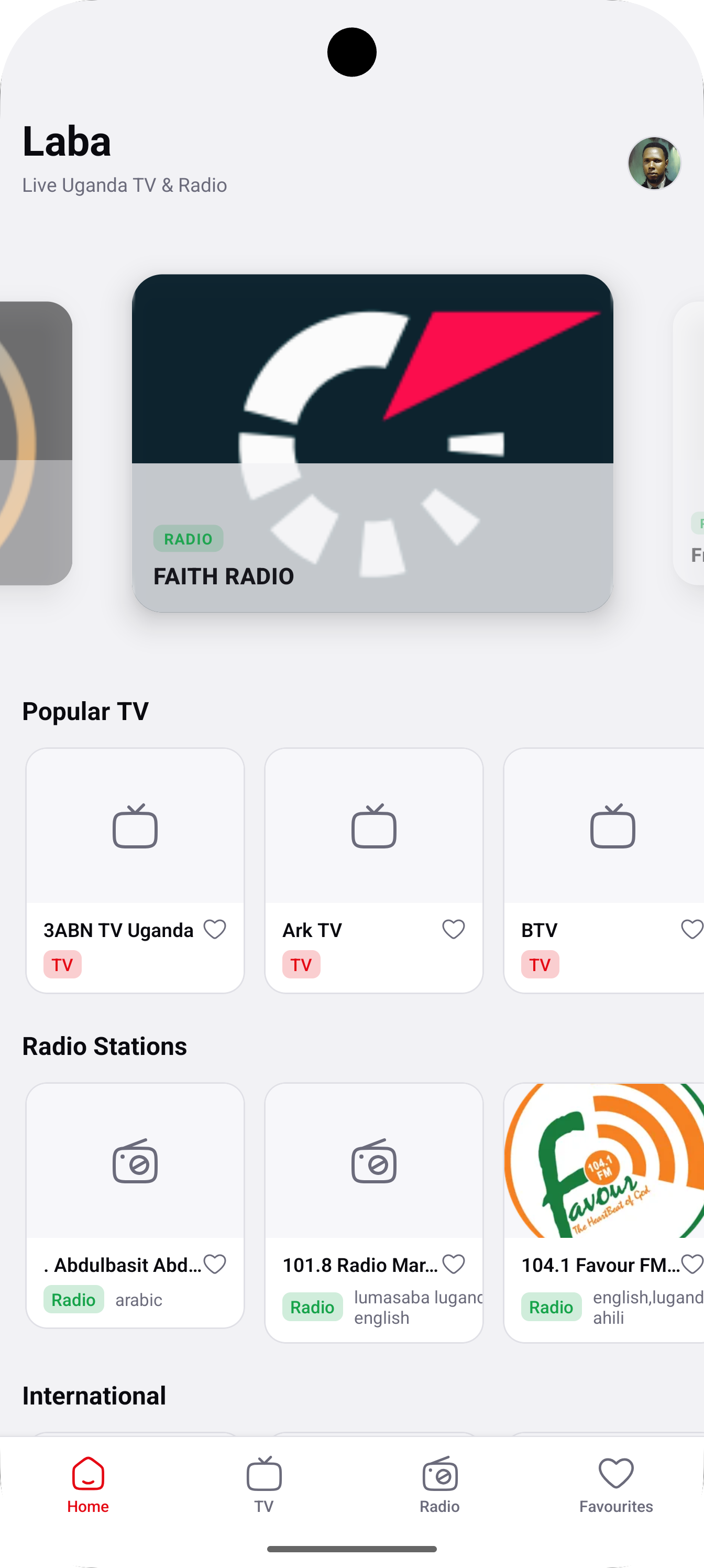 Laba home screen with featured stations