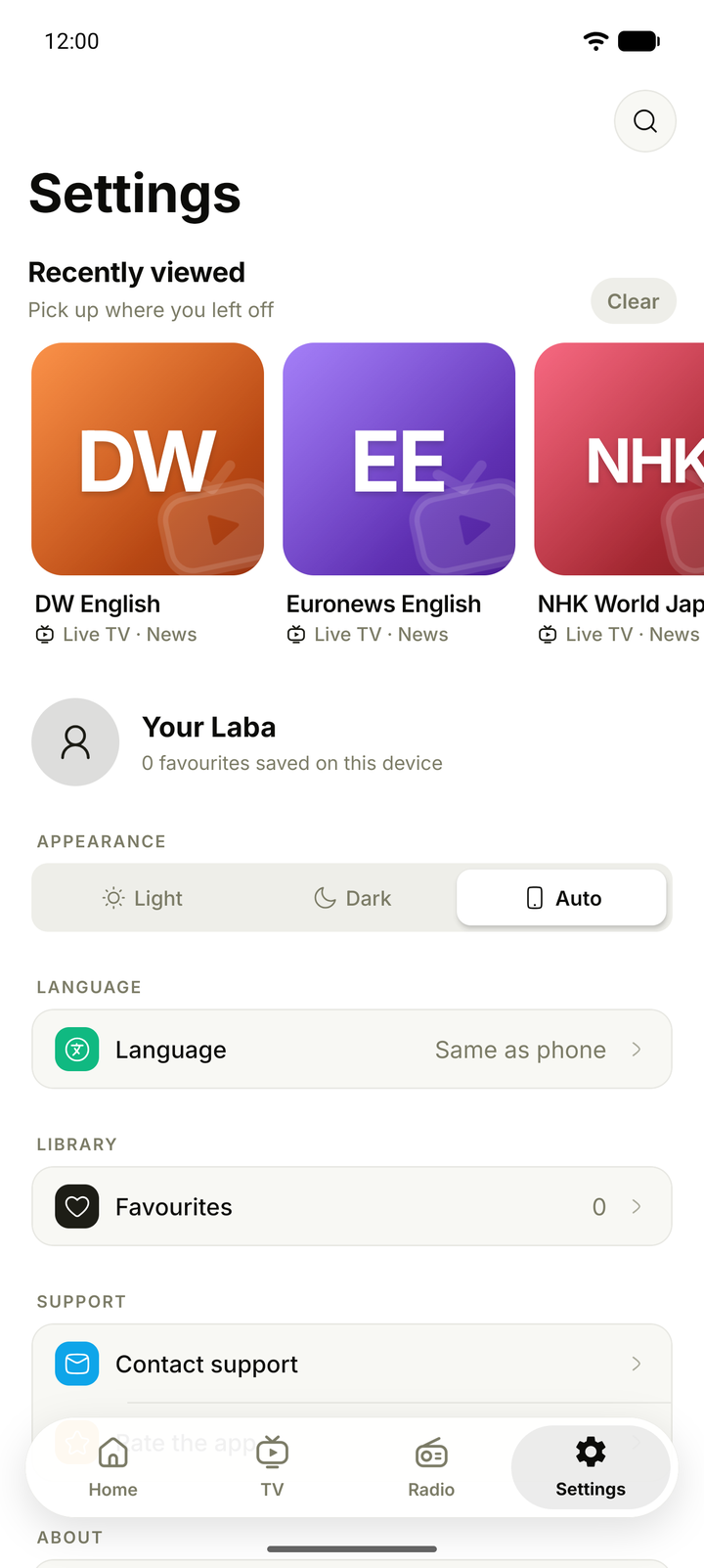 Laba settings with theme and language options